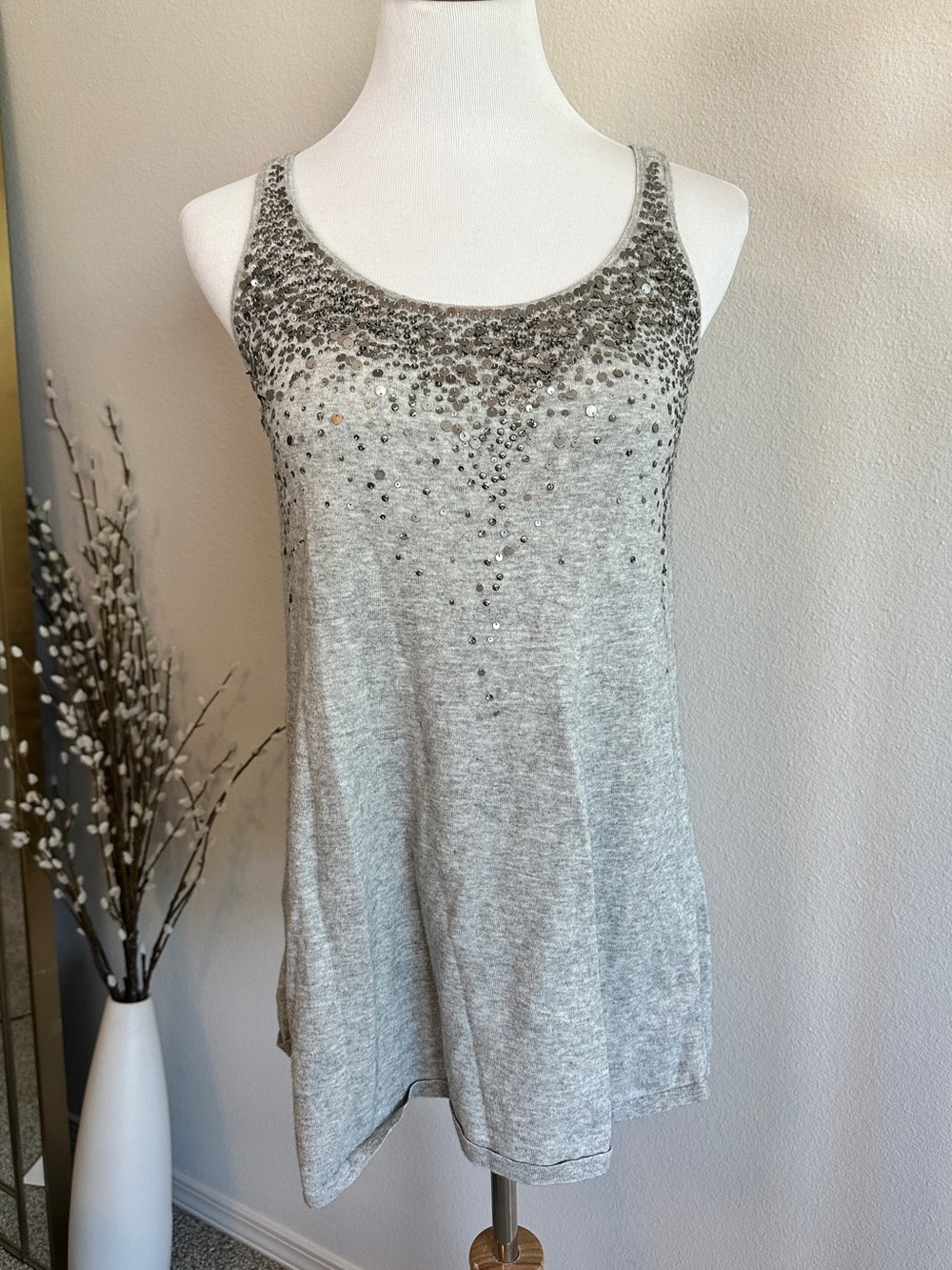 Eileen Fisher Cashmere Cotton Sleeveless Embellished Gray Tank Top